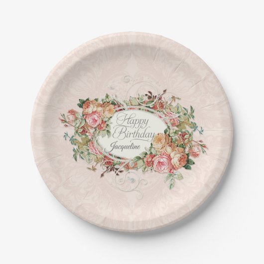 Elegant Blush Roos Floral Bouquet Damask Papieren Bordje (Voorkant)