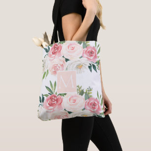 Elegant Blush Roos Floral Letter Monogram Tote Bag