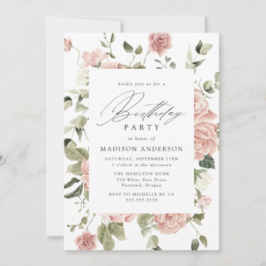 Elegant Blush Roos Garden Birthday Party Kaart (Voorkant)