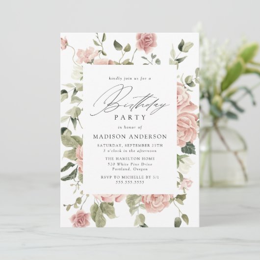 Elegant Blush Roos Garden Birthday Party Kaart (Staand voorkant)
