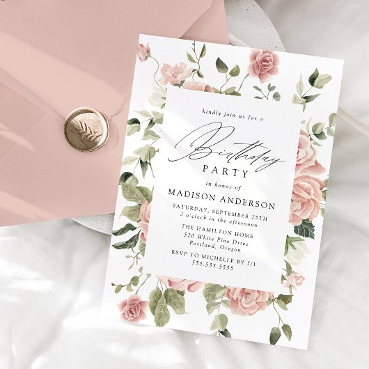 Elegant Blush Roos Garden Birthday Party Kaart