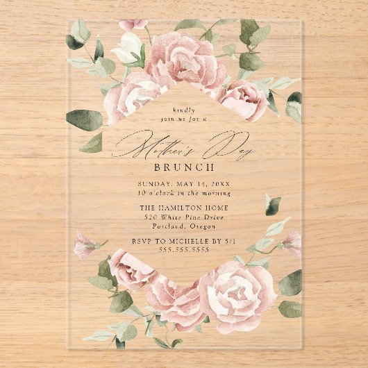 Elegant Blush Roos Garden Moederdag Brunch Acryl Uitnodigingen (Voorkant)
