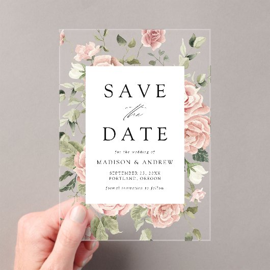 Elegant Blush Roos Garden Wedding Save the Date Acryl Uitnodigingen (Insitu (Draagbaar))