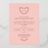 Elegant Blush & Roos Gold Heart Wreath Weddenschap Folie Uitnodiging (Voorkant)
