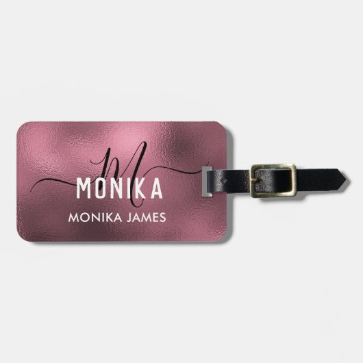 Elegant Blush Roos Gouden Folie Monogram Custom Bagagelabel (Voorkant horizontaal)