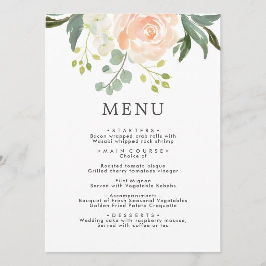 Elegant Blush Roos & Groen Bloemen Bruiloft Menu (Voorkant)