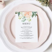 Elegant Blush Roos & Groen Bloemen Bruiloft Menu