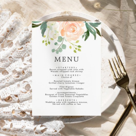 Elegant Blush Roos & Groen Bloemen Bruiloft Menu