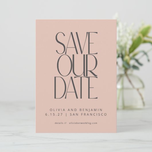Elegant Blush Roos Mid Century Modern Typografie Save The Date (Staand voorkant)