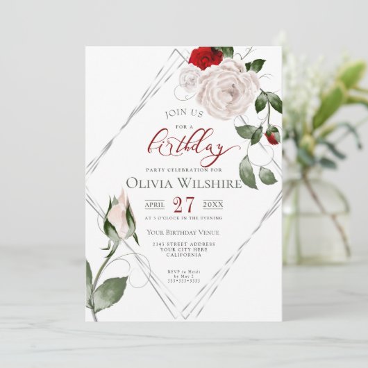 Elegant Blush Roos Verjaardag Zilver Lijst Kaart (Staand voorkant)