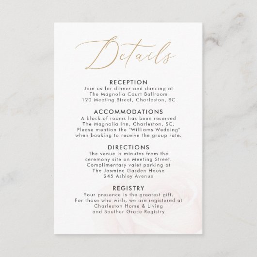 Elegant Blush Roos Wedding Details Enclosure Kaart (Voorkant)