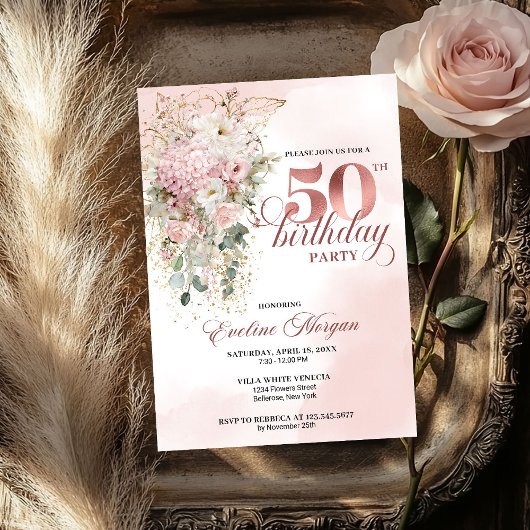 Elegant Blush Rose Gold Eucalyptus 50th Birthday  Kaart