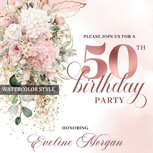 Elegant Blush Rose Gold Eucalyptus 50th Birthday  Kaart