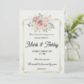 Elegant Blush Rose & Gold Frame Wedding Invitation Kaart (Staand voorkant)