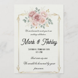 Elegant Blush Rose & Gold Frame Wedding Invitation Kaart