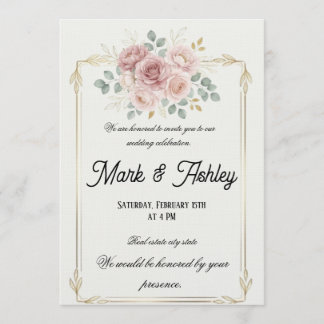 Elegant Blush Rose & Gold Frame Wedding Invitation Kaart