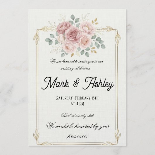 Elegant Blush Rose & Gold Frame Wedding Invitation Kaart (Voorkant)