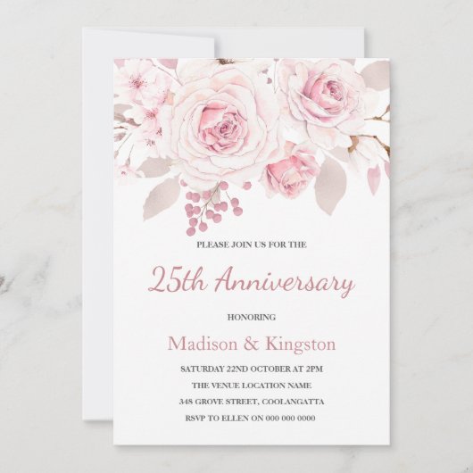Elegant Blush Roses 25th Wedding Jubileum Kaart (Voorkant)