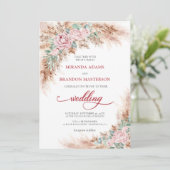 Elegant Blush Roses Pampas Grass Floral Wedding Kaart (Staand voorkant)