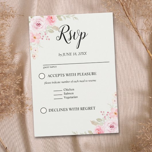 Elegant blush roses wedding celebration RSVP kaartje