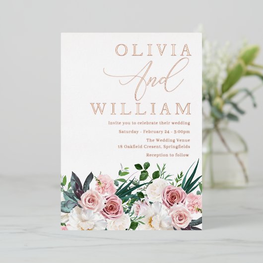 Elegant Blush Roses Wedding Roos Gold Folie Uitnodiging (Staand Voorkant)