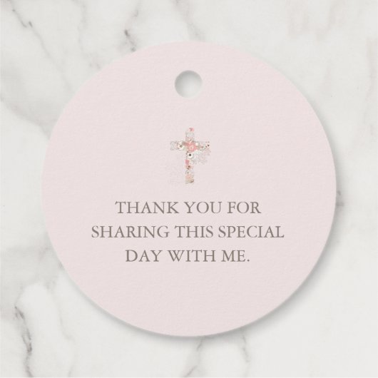 Elegant blush roze bevestiging florale kruisnaam bedankjes labels (Achterkant)