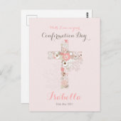 Elegant blush roze bevestiging florale kruisnaam briefkaart (Voorkant / Achterkant)