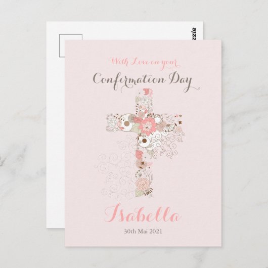 Elegant blush roze bevestiging florale kruisnaam briefkaart (Voorkant / Achterkant)