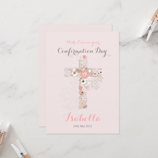 Elegant blush roze bevestiging florale kruisnaam kaart (Voorkant / Achterkant in situ)