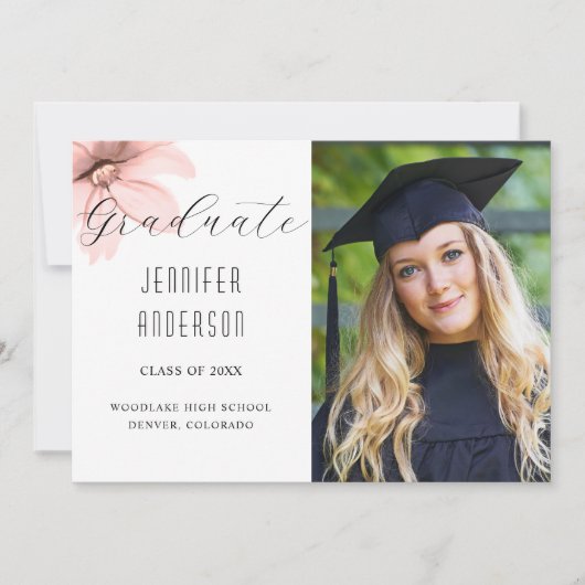 Elegant Blush Roze Bloemen Afstudeerder Foto Aankondiging (Voorkant)