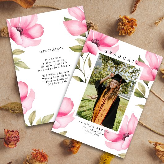 Elegant Blush Roze Bloemen Afstuderen Klasse 2025 Kaart