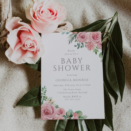 Elegant Blush Roze Bloemen Baby shower Invitation Kaart