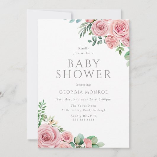 Elegant Blush Roze Bloemen Baby shower Invitation Kaart (Voorkant)