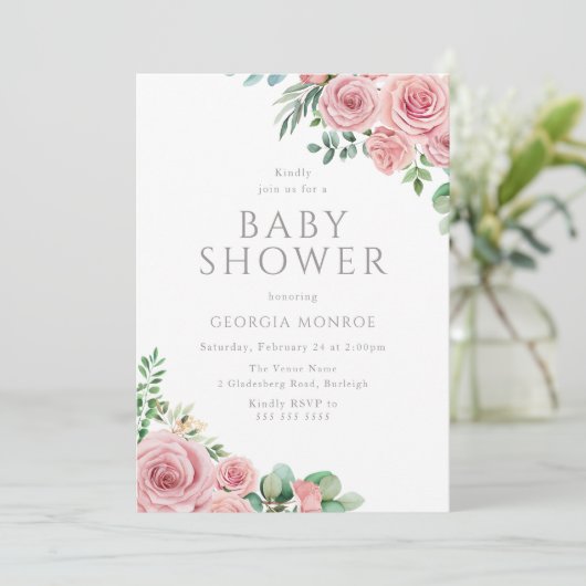 Elegant Blush Roze Bloemen Baby shower Invitation Kaart (Staand voorkant)