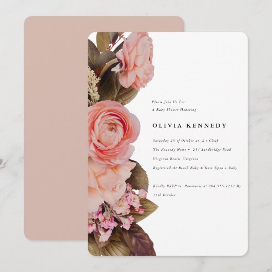 Elegant Blush Roze Bloemen Baby shower Kaart (Voorkant / Achterkant)