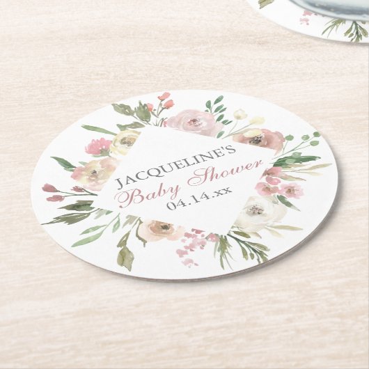 Elegant Blush Roze Bloemen Custom Baby shower Ronde Kartonnen Onderzetter (Gebogen)