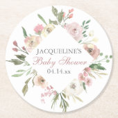 Elegant Blush Roze Bloemen Custom Baby shower Ronde Kartonnen Onderzetter (Voorkant)