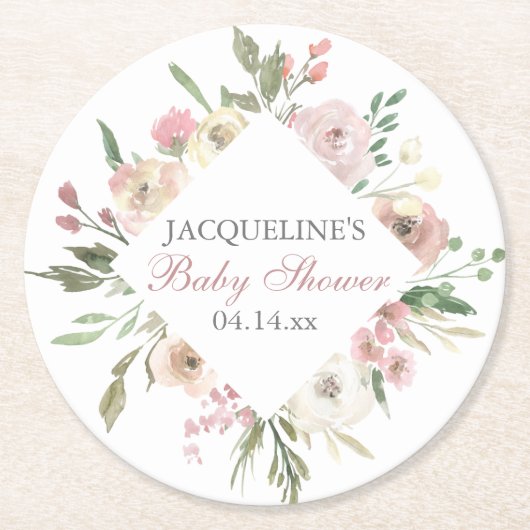 Elegant Blush Roze Bloemen Custom Baby shower Ronde Kartonnen Onderzetter (Voorkant)