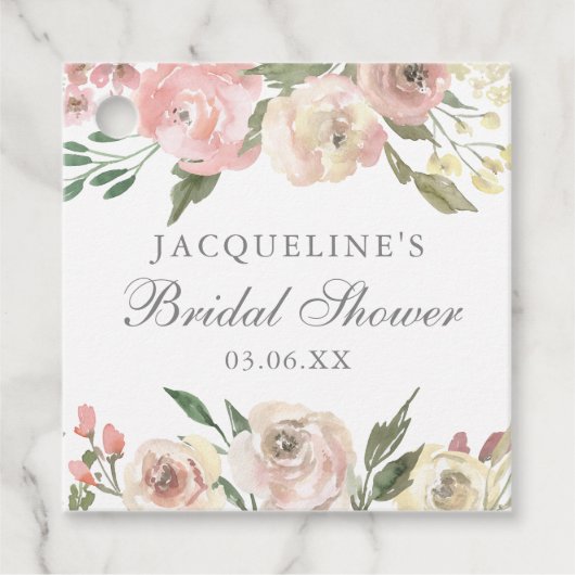 Elegant Blush Roze Bloemen Custom Vrijgezellenfees Bedankjes Labels (Voorkant)