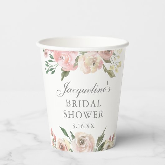 Elegant Blush Roze Bloemen Custom Vrijgezellenfees Papieren Bekers (Achterkant)