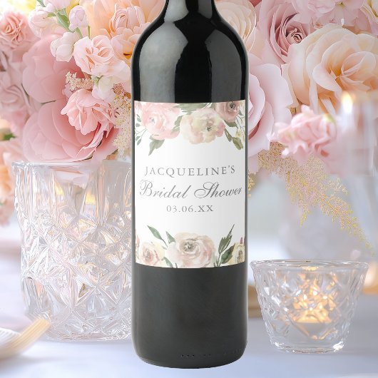 Elegant Blush Roze Bloemen Custom Vrijgezellenfees Wijn Etiket