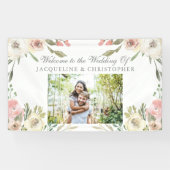 Elegant Blush Roze Bloemen Foto Bruiloft Welkom Spandoek (Horizontaal)