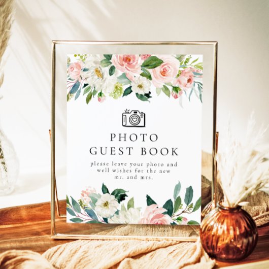 Elegant Blush Roze Bloemen Foto Gastenboek teken Poster