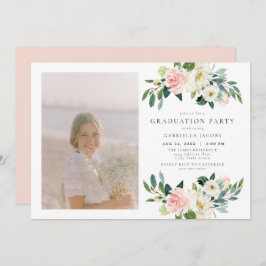 Elegant Blush Roze Bloemen Foto Graduation Party Kaart