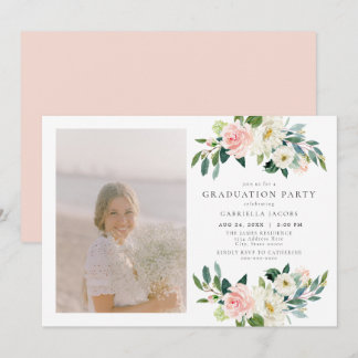 Elegant Blush Roze Bloemen Foto Graduation Party Kaart
