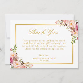 Elegant Blush Roze Bloemen Goud Lijst Dank u Bedankkaart