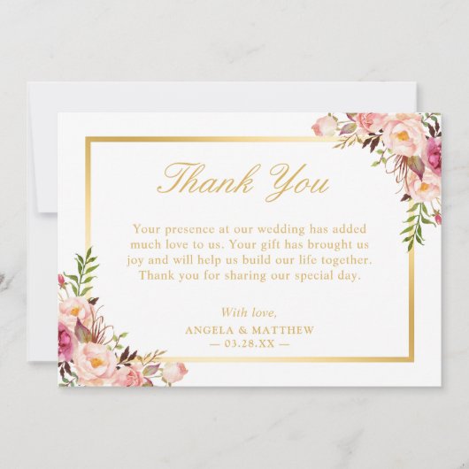 Elegant Blush Roze Bloemen Goud Lijst Dank u Bedankkaart (Voorkant)
