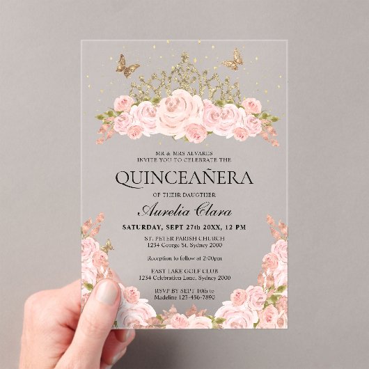 Elegant Blush Roze Bloemen Goud Tiara Quinceanera Acryl Uitnodigingen (Insitu (Draagbaar))