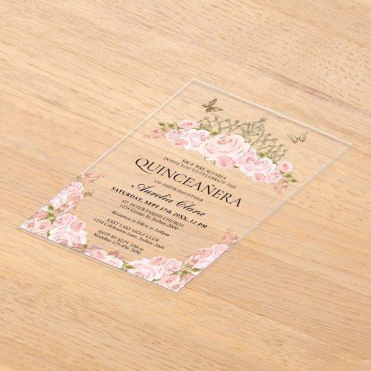 Elegant Blush Roze Bloemen Goud Tiara Quinceanera Acryl Uitnodigingen (Laagn)