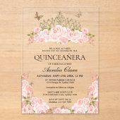 Elegant Blush Roze Bloemen Goud Tiara Quinceanera Acryl Uitnodigingen (Voorkant)